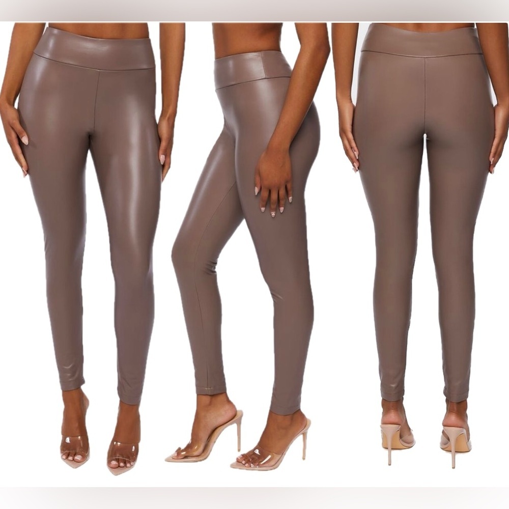 FOREVER 21 Women's Taupe Faux Leather High-Rise Leggings pleather vegan Sz M
